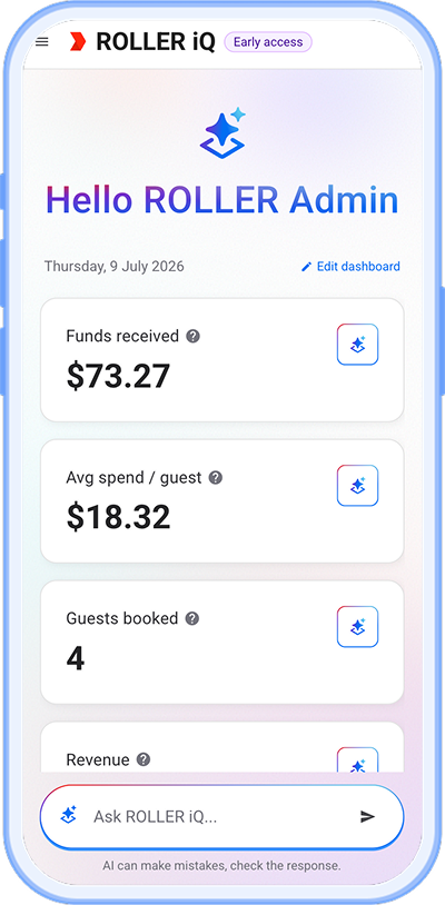 Dashboard view showing funds, average spend, guests booked, and total revenue details.